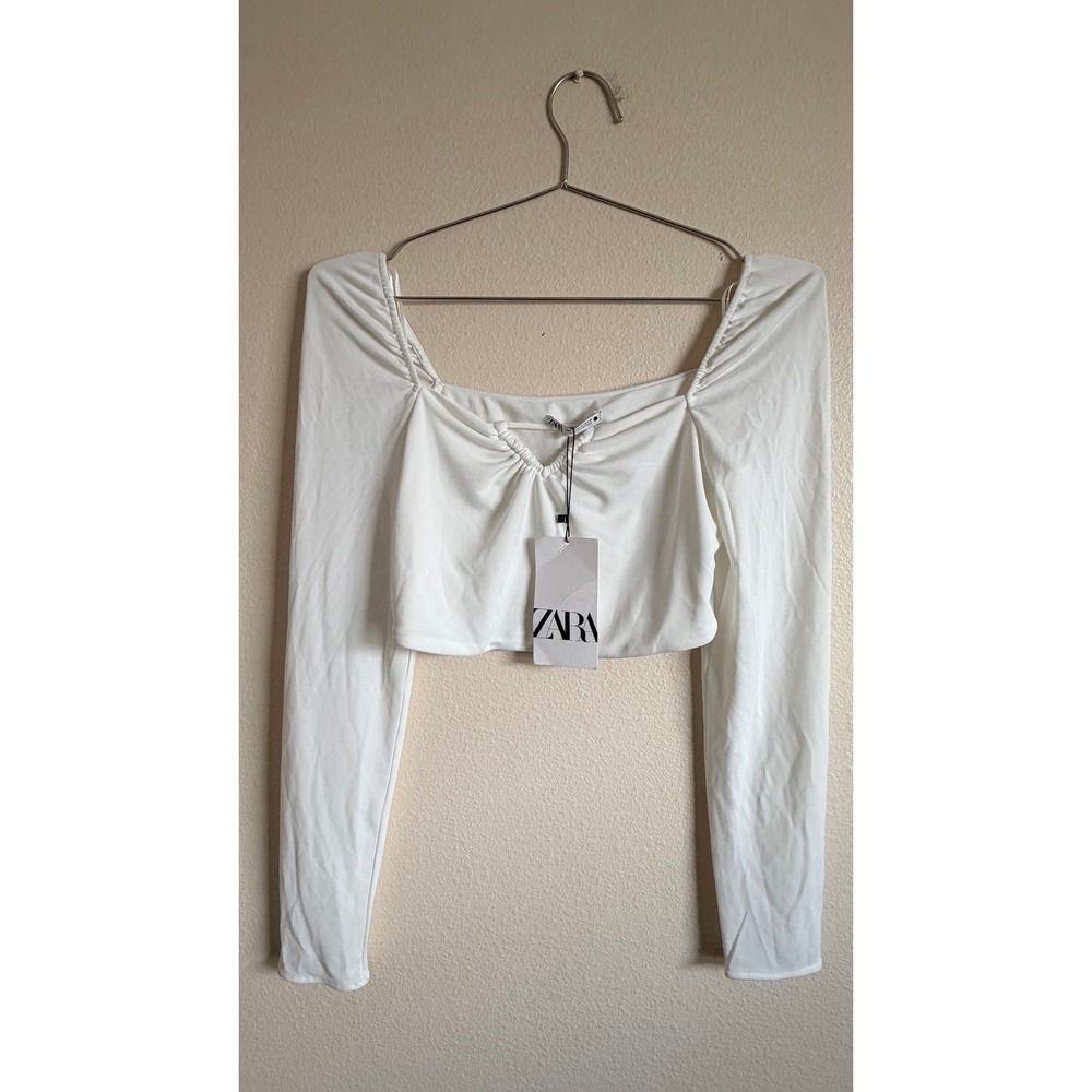 ZARA White Long Sleeve Square Neck Ruched Crop Top Women Size M
